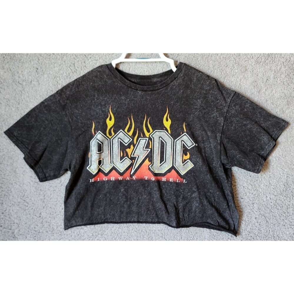AC/DC Highway To Hell Women's Short Sleeve Cutoff Cropped T Shirt Top Gray Sz L